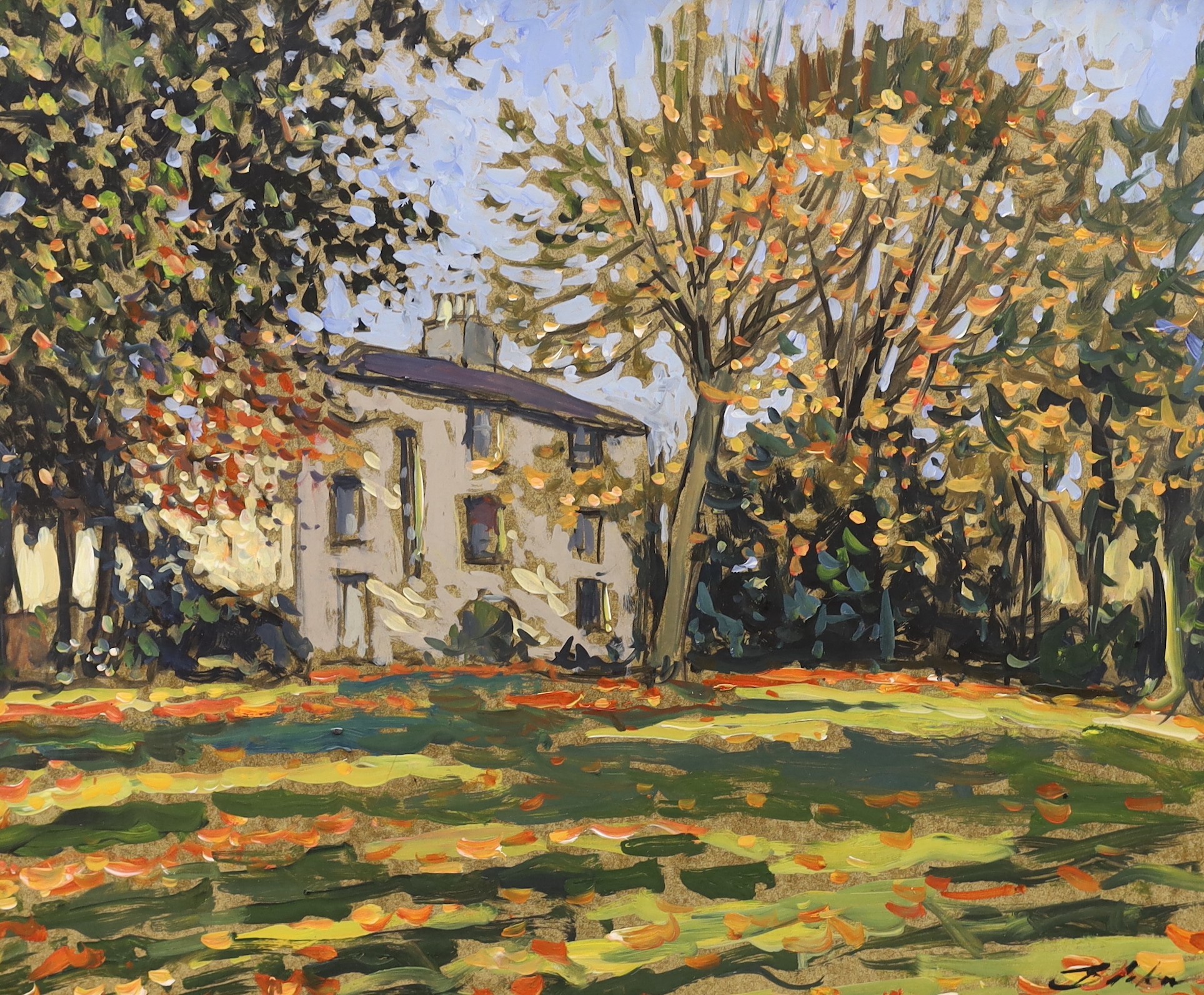 Michael Blaker (1928-2018), two oils on board, 'View of a house in Ellington Park, Ramsgate' and a 'View of an orchard', signed, 50 x 60cm